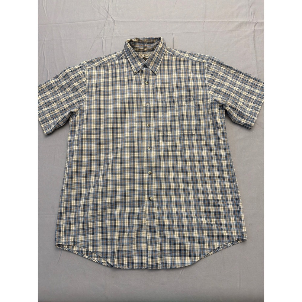 LL Bean Mens Blue Tan Plaid Short Sleeve Button Down Shirt Size Medium Regular